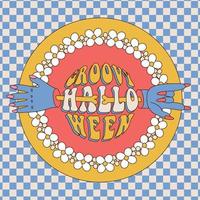 Groovy Halloween - 70s style greeting card or banner with round typography text with daisy hippie wreath and severed zombie hands on checkered background. Vector spooky illustration.
