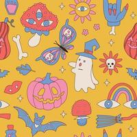 Retro 70s 60s Hippie Halloween seamless pattern with Ghost Mushroom Daisy Butterfly Flower Rainbow elements . Groovy Spook background. Hand drawn contour vector illustration