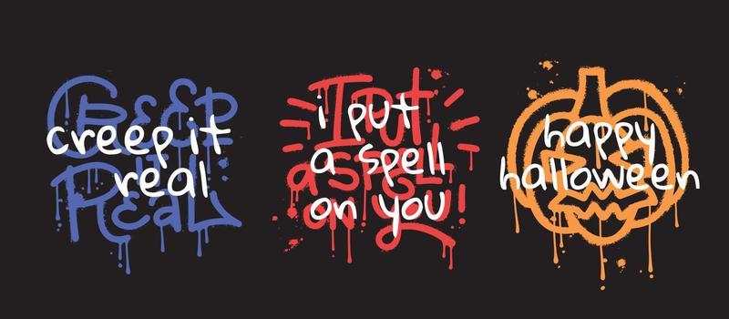 Slogans for celebrating of Happy Halloween. Set of Urban street graffiti lettering quotes. Print for graphic tee. Neon letters on black background. Vector illustration in 1980s -1990s style.