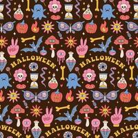 Colorful seamless pattern with mushrooms, ghost, pumpkin and magic potion. Groovy hippie Halloween Retro 60s, 70s style background. Psychedelic textile, fabric and wrapping paper. Vector illustration.
