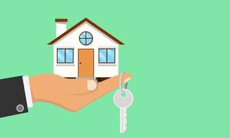 Businessman holds a house in his hand and a house key at his fingertips. The hand is standing out for leasing or resale. is a real estate vector