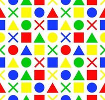 Geometric figures consist of squares, triangles, circles, and crosses arranged alternately in colors and shapes, with yellow, red, blue, and green forming a seamless pattern. vector