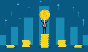 Businessman in a suit stood on top of the gold coins arranged in descending order, holding up the gold coins. Behind the graph with an arrow rising like a growing businessman. vector