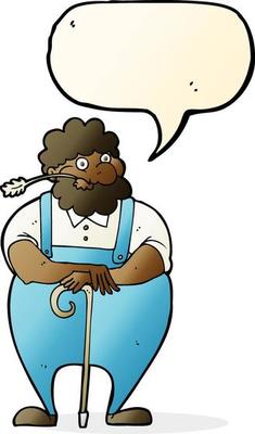 cartoon farmer leaning on walking stick with speech bubble