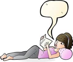 caricatura, mujer bonita, libro de lectura, con, burbuja del discurso vector