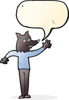 cartoon waving wolf man with speech bubble vector