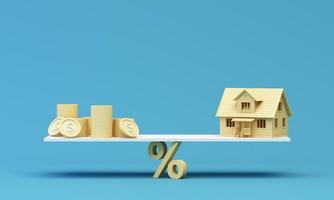 Real estate property investment or insurance. Home mortgage loan rate. Saving money for retirement concept. Coin stack on banknotes with color house model with calculator. 3d rendering illustration photo