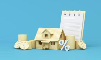 Real estate property investment or insurance. Home mortgage loan rate. Saving money for retirement concept. Coin stack on banknotes with color house model with calculator. 3d rendering illustration photo