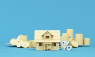 Real estate property investment or insurance. Home mortgage loan rate. Saving money for retirement concept. Coin stack on banknotes with color house model with calculator. 3d rendering illustration photo