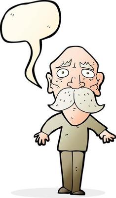 cartoon sad old man with speech bubble