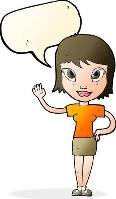 cartoon woman waving with speech bubble