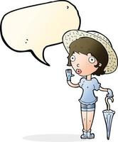 cartoon woman in summer hat waving with speech bubble vector