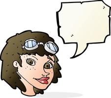 cartoon happy woman wearing aviator goggles with speech bubble vector