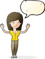 cartoon woman holding up hands with speech bubble vector