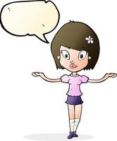 cartoon woman making balancing gesture with speech bubble vector