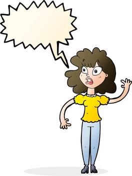 caricatura, mujer preocupada, saludar, con, burbuja del discurso vector