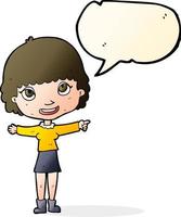 cartoon happy woman pointing with speech bubble vector