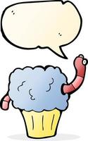 gusano de dibujos animados en cupcake con burbujas de discurso vector