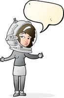 caricatura, mujer, llevando, astronauta, casco, con, burbuja del discurso vector