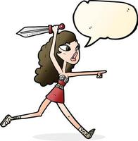 cartoon viking girl with sword with speech bubble vector