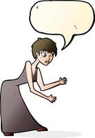 cartoon woman in dress gesturing with speech bubble vector