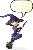 cartoon witch riding broomstick with speech bubble vector