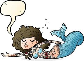 cartoon mermaid covered in tattoos with speech bubble vector