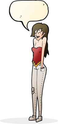 cartoon pretty woman shrugging shoulders with speech bubble