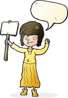 cartoon hippie girl with protest sign with speech bubble vector