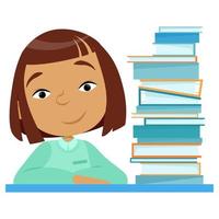 Asian girl studying and next to stack of books vector