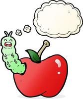 insecto de dibujos animados comiendo manzana con burbuja de pensamiento vector