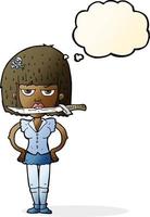 cartoon woman with knife between teeth with thought bubble vector