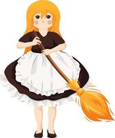 Cute maid girl with a broom and a dress with ruffles isolated