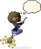 cartoon witch riding broomstick with thought bubble vector