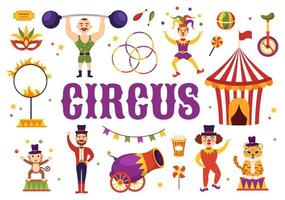 Circus Template Hand Drawn Cartoon Flat Illustration with Show of Gymnast, Magician, Animal Lion, Host, Entertainer, Clowns and Amusement Park vector
