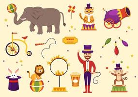 Circus Template Hand Drawn Cartoon Flat Illustration with Show of Gymnast, Magician, Animal Lion, Host, Entertainer, Clowns and Amusement Park vector