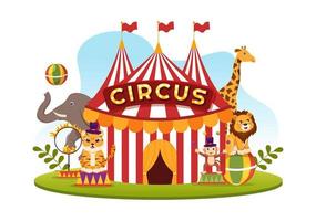 plantilla de circo dibujada a mano ilustración plana de dibujos animados con espectáculo de gimnasta, mago, león animal, anfitrión, animador, payasos y parque de atracciones vector