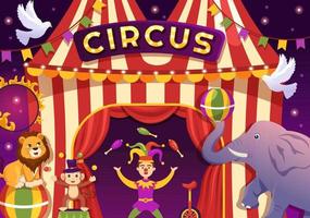 plantilla de circo dibujada a mano ilustración plana de dibujos animados con espectáculo de gimnasta, mago, león animal, anfitrión, animador, payasos y parque de atracciones vector