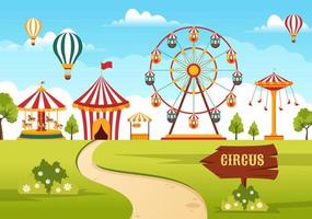 plantilla de circo dibujada a mano ilustración plana de dibujos animados con espectáculo de gimnasta, mago, león animal, anfitrión, animador, payasos y parque de atracciones vector