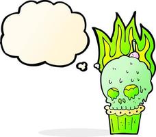 cupcake de calavera espeluznante de dibujos animados con burbuja de pensamiento vector