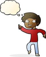 cartoon happy boy pointing with thought bubble vector