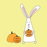 Rabbit symbol of 2023. Rabbit with halloween pumpkin. Calendar template. Vector illustration. Hand drawn doodle.