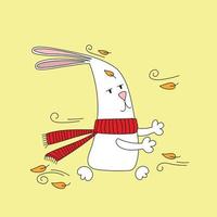 Rabbit symbol of 2023. Rabbit with autumn leaves. Calendar template. Vector illustration, hand drawn doodle.