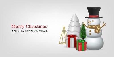 fondo de navidad con elementos 3d. banner de navidad con muñeco de nieve, árboles de navidad y cajas de regalo vector