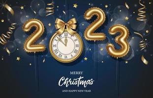 happy new year background with gold balloons and gold clock. 2023 poster vector