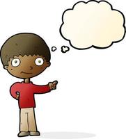 cartoon happy boy pointing with thought bubble vector