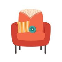 Modern armchair with blanket and decorative pillow. Cozy modern comfortable furniture in hygge style. vector