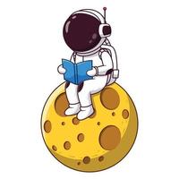 lindo astronauta leyendo un libro sentado en la luna, concepto de icono de astronauta. estilo de dibujos animados plana. adecuado para página de inicio web, pancarta, volante, pegatina, tarjeta vector