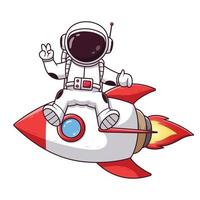 Cute Astronaut With Peaceful Hands Sitting on Rocket. Astronaut Icon Concept. Flat Cartoon Style. Suitable for Web Landing Page, Banner, Flyer, Sticker, Card vector