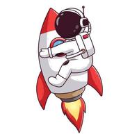 lindo astronauta volando con un cohete. concepto de icono de astronauta. estilo de dibujos animados plana. adecuado para página de inicio web, pancarta, volante, pegatina, tarjeta vector